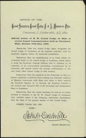 Circular regarding the official action of M. W. Grand Lodge of Ohio at recent Grand Communication held at Cleveland Ohio, October 19th-21st, 1869