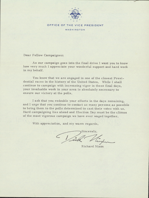 Campaign letter from Presidential candidate Richard M. Nixon, 1860