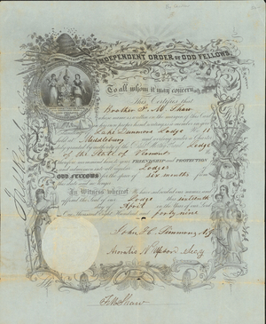 Traveling certificate issued by Lake Dunmore Lodge, No. 11, to J. M. Shaw, 1849 April, 16
