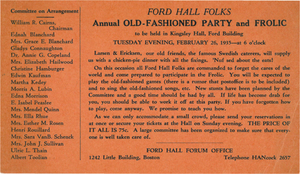 Ford Hall Folks Annual Old-Fashioned Party and Frolic postcard, 1935