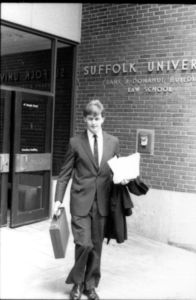 A Suffolk University Law School student exiting the Donahue Building (41 Temple Street)