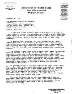 Letter from John Joseph Moakley to FBI Director William S. Sessions regarding U.S. Major Eric Buckland's statement of prior knowledge of the Jesuit murders