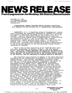 News Release from John Joseph Moakley entitled "Congressional Leaders Introduce New El Salvador Legislation, Bill Subjects All New Military Aid to Congressional Reprogramming," 14 November 1991