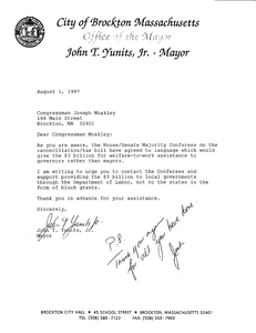 Letter to John Joseph Moakley from Brockton Mayor John Yunits regarding welfare-to-work assistance funding, 1 August 1997