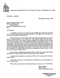 Letter to General Rafael Humberto Larios, Minister of Defense and Public Safety, from U.S. Colonel Milton Menjivar regarding information on the Jesuit murders provided by U.S. Major Eric Buckland, 3 January 1990