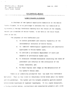Released statement from John Joseph Moakley announcing two-day Harbor Islands Conference to be held at the State House, 18 June 1969