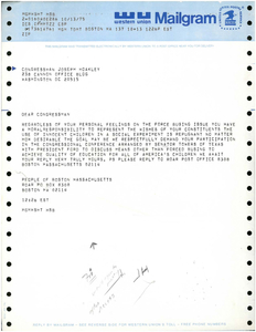 Correspondence between John Joseph Moakley and ROAR (Restore Our Alienated Rights) regarding busing, including a copy of a letter from Moakley to Senator John Tower in response to the letter from ROAR, October 1975