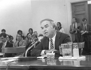 Congressman John Joseph Moakley testifying at a congressional hearing regarding fire-safe cigarettes in Washington, D.C.