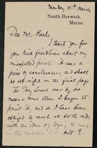 Letter, approximately 1880-1900, Sarah Orne Jewett to James Jeffrey Roche