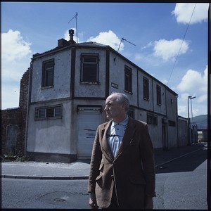 Gusty Spence outside Malvern Bar, Belfast shortly after his release from prison