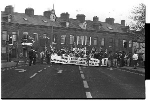 Anti Anglo-Irish Agreement march from Derry to Belfast. Loyalist protest. Shots include Ian Paisely (DUP leader), Andy Tyrie (Commander UDA) and Davey Payne (UDA leader). Payne was later jailed for bringing guns from South Africa