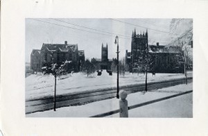 Saint Mary's Hall, Gasson Hall, and Bapst Library with snow, from across Commonwealth Avenue looking down Linden Lane, clipping with Student Army Training Corps unit lined up on Linden Lane and chapel altar on reverse