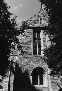 Burns Library: Exterior side view of Bapst from Linden Lane showing windows of Lonergan Center and Irish Music Center