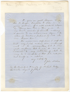 John Nelson letter to the President and faculty of Amherst College, 1852 August 9