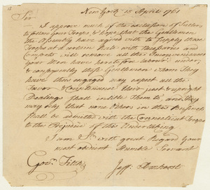Jeffery Amherst letter to Governor Thomas Fitch, 1761 April 15