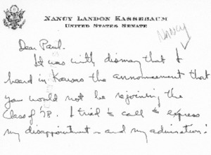 Letter from Nancy Landon Kassebaum to Paul Tsongas