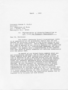 Letter to George P. Shultz from J. Donald Reilly re: Representation of Airports/Communities on U.S. Civil Air Transport Negotiations