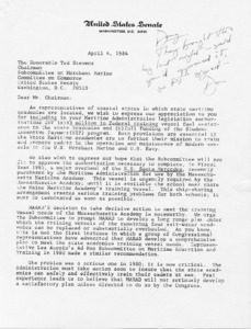 Letter to Ted Stevens from Paul Tsongas, et. al. concerning Federal training vessel fuel assistance
