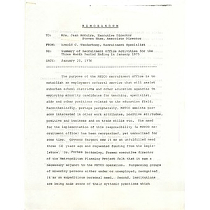 Memo, summary of recruitment office activities for three month period ending in January 1975.