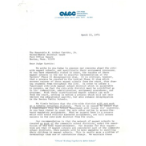 Draft Letter from Mary Ellen Smith to Judge W. Arthur Garrity, April 22, 1975.