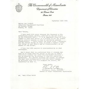 Letter, Charles Glenn to Marion VanArsdell, September 13, 1976.