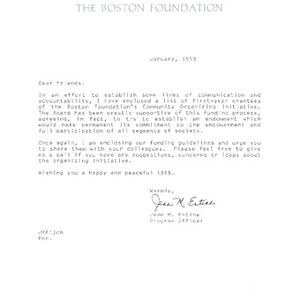 Correspondence from the Boston Foundation concerning the Foundation's grant funding program