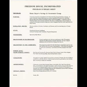 Freedom House, Incorporated program summary sheet