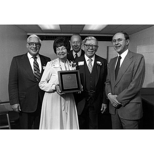Emma and "Doc" Linskey, center, with George Makris, President Kenneth Ryder, and Bernard Solomon (from left) at Trainers' Room dedication