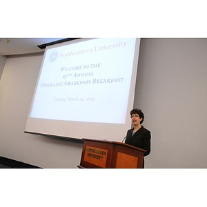 Beth Meltzer, Director of Northeastern University Hillel, speaking at the Holocaust Awareness Breakfast