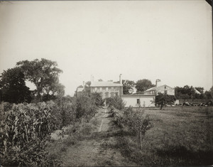 Exterior view of the garden and west facade, Royall House, Medford, Mass., undated