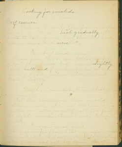 Cooking for invalids page from the "Literary recipe book" of Amelia Bradley Little, 1882