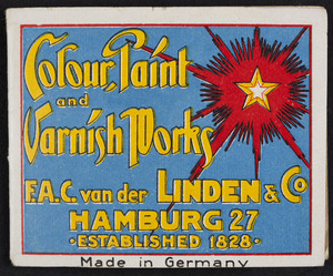 Transfers for F.A.C. Van der Linden & Co., colour, paint and varnish works, Hamburg, Germany