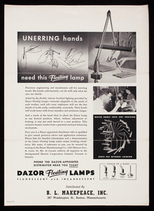 Unerring hands need this floating lamp, Dazor Floating Lamps, fluorescent and incandescent, Dazor Manufacturing Co., 4483 Duncan Ave., St. Louis, Missouri