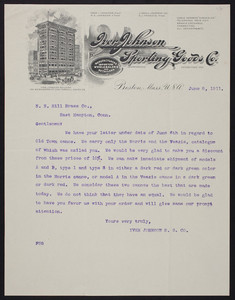 Letterhead for Iver Johnson Sporting Goods Co., 155 Washington Street, corner Cornhill, Adams Square, Boston, Mass., dated June 8, 1911
