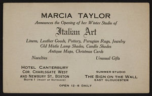 Trade card for Marcia Taylor, Italian art, Hotel Canterbury, cor. Charlsgate West and Newbury St., Boston, Mass., undated