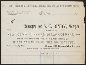 Billhead for S.C. Bixby, ales, porter and lager beer, 103 and 105 Devonshire Street, Boston, Mass., ca. 1800