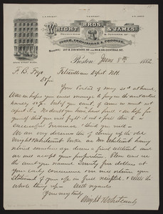 Letterhead for Wright Bros. & James, flour, provisions & produce, 217 & 219 State Street and 114 & 116 Central Street, Boston, Mass., dated June 8, 1882