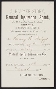 Trade card for J. Palmer Story, general insurance agent, 161 Main and 15 Shetucket Street, Room No. 3, Norwich, Connecticut, 1891