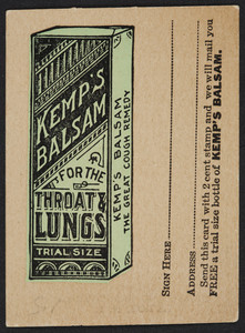 Trade card for Kemp's Balsam for the throat and lungs, prepared by Orator F. Woodward, Le Roy, New York, undated