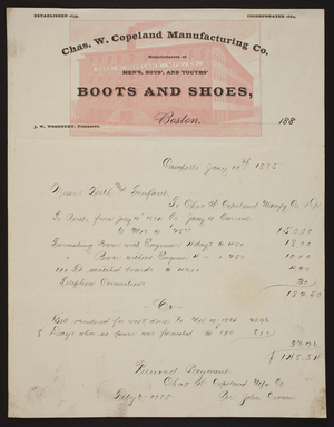 Billhead for the Chas. W. Copeland Manufacturing Co., men's, boys' and youths' boots and shoes, Boston and Campello, Mass., dated January 10, 1885