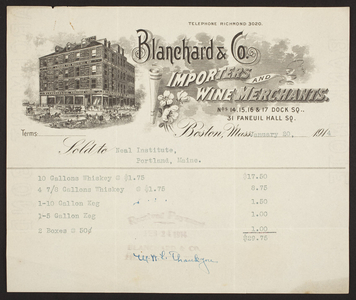 Billhead for Blanchard & Co., importers and wine merchants, Nos. 14, 15, 16 & 17 Dock Square and 31 Faneuil Hall Square, Boston, Mass., dated January 20, 1914
