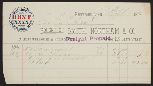 Billhead for Smith, Northam & Co., railroad warehouse, Windsor and 129 State Streets, Hartford, Connecticut, dated April 1, 1897