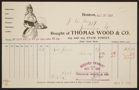 Billhead for Thomas Wood & Co., coffee and tea importer, 213 and 215 State Street, Boston, Mass., dated October 20, 1897