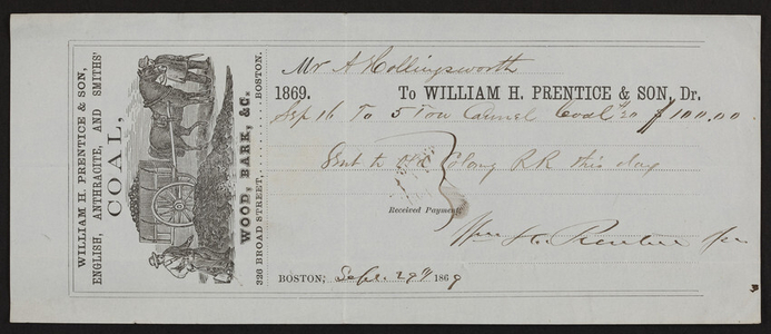 Billhead for William H. Prentice & Son, Dr., English, anthracite, and Smiths' Coal, Wood, Bark, etc., 326 Broad Street, Boston, Mass., dated September 29, 1869