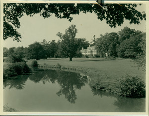 Exterior view of Lyman Estate, Waltham, Mass., from across grounds and pond