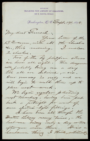 Bernard R. Green to Thomas Lincoln Casey, September 14, 1894