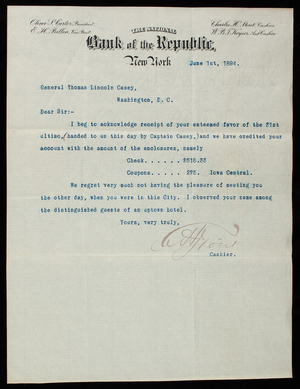 Charles H. Stout/National Bank of the Republic to Thomas Lincoln Casey, June 1, 1894