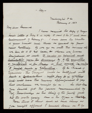 Thomas Lincoln Casey to General John Newton, February 10, 1883, copy