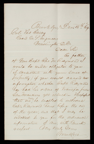 [William] Wise to Thomas Lincoln Casey, December 13, 1869