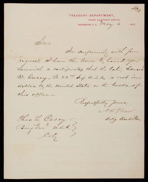A. D. Shaw, Treasury Department to Thomas Lincoln Casey, May 6, 1891